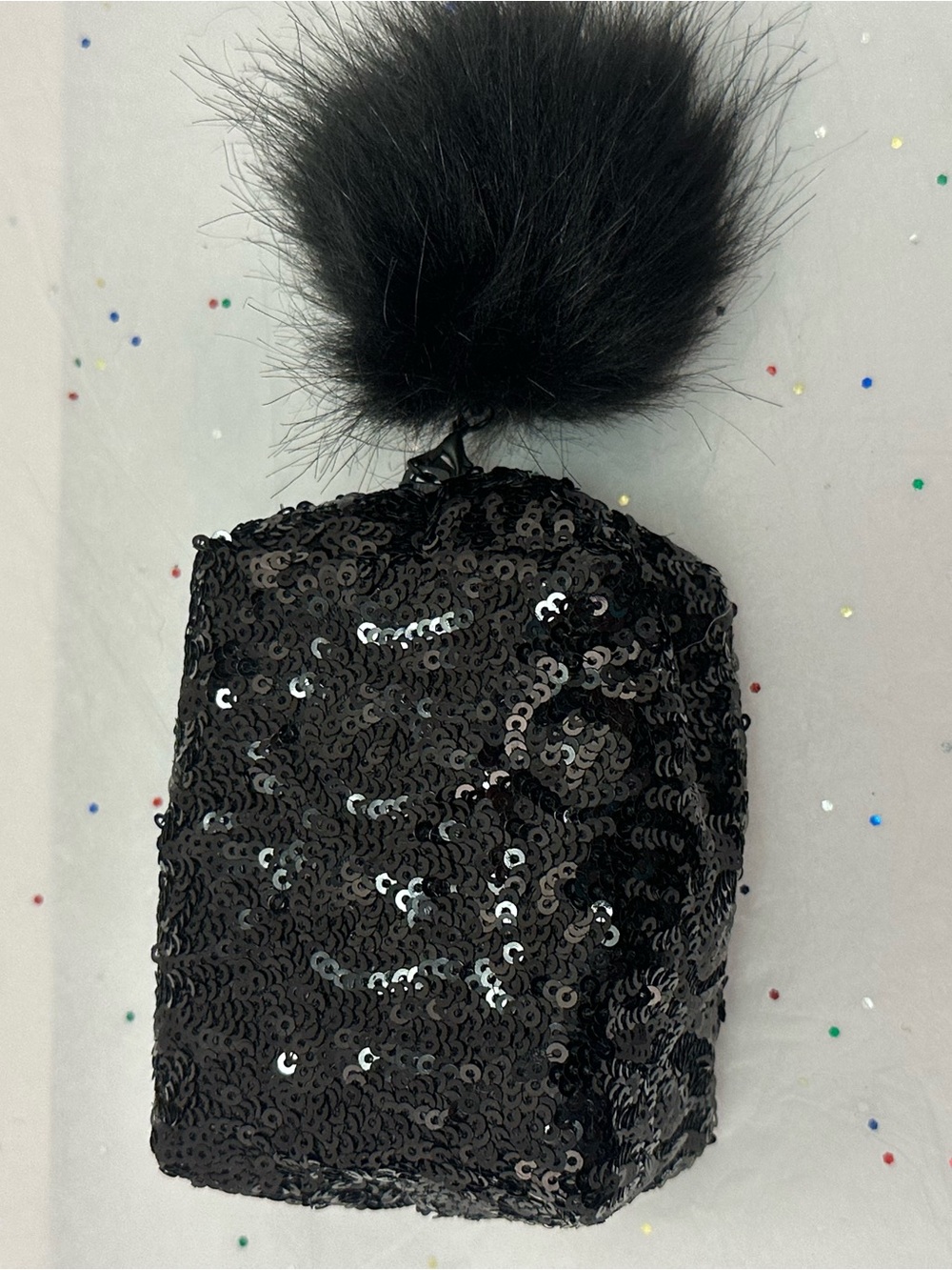 Black Sequin Coin Purse with Faux Fur Pom